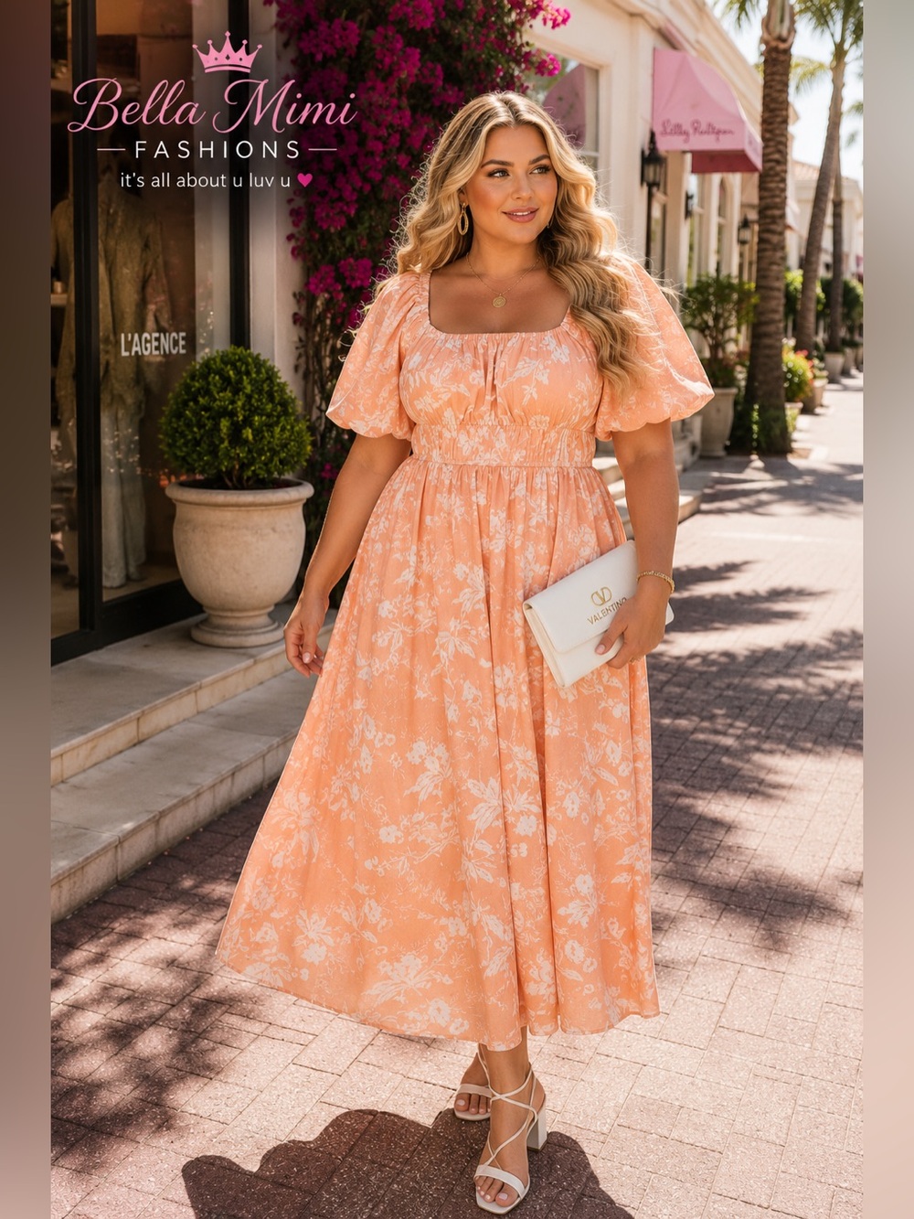 NWT Bella Mimi Peach Floral Puff-Sleeve Maxi Dress plus sizes varied  🌸 BRB SL 6 - Picture 2 of 7